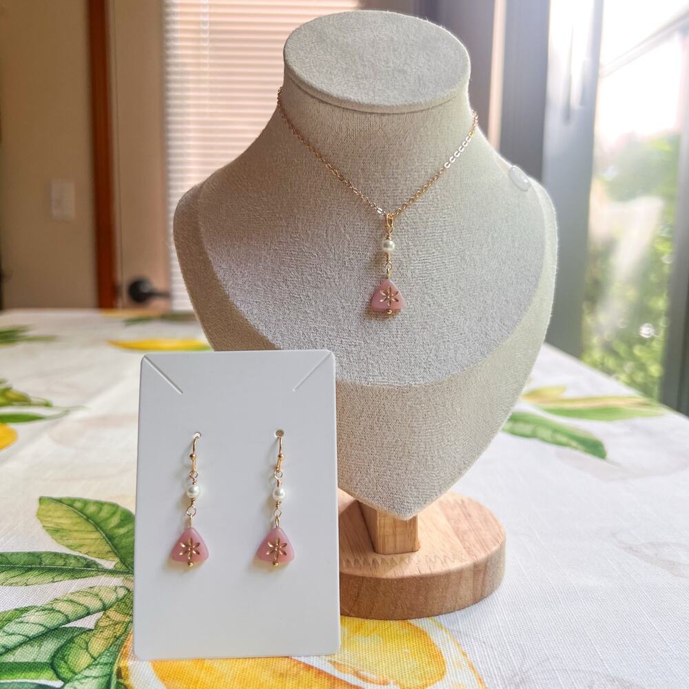 Pink Floral Triangle Shape Czech Glass Pearl Flower Dainty Cottagecore Fun Set